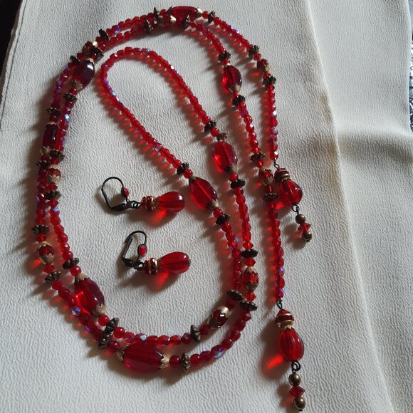 1930-40's Czech Crystal Art Deco 44 Inch Red Lariat Necklace and Earring Set - Picture 1 of 12